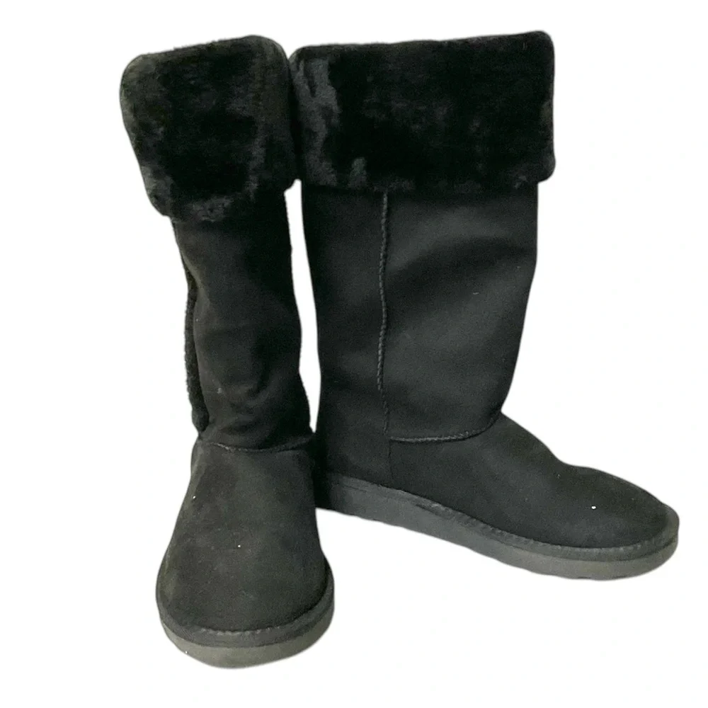 Black Bootie Faux Suede Fur Lined SZ 8 Women‎ Rubber Sole Winter Snow Slip On